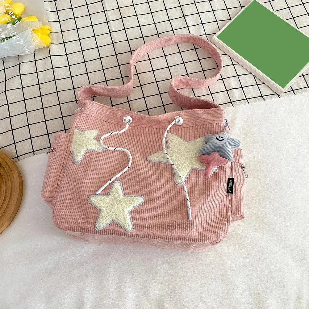 Women Star Pattern Corduroy Crossbody Bag Casual Tote Lady Simple Large Capacity Shoulder Bag Girl Travel School Bookbag Handbag