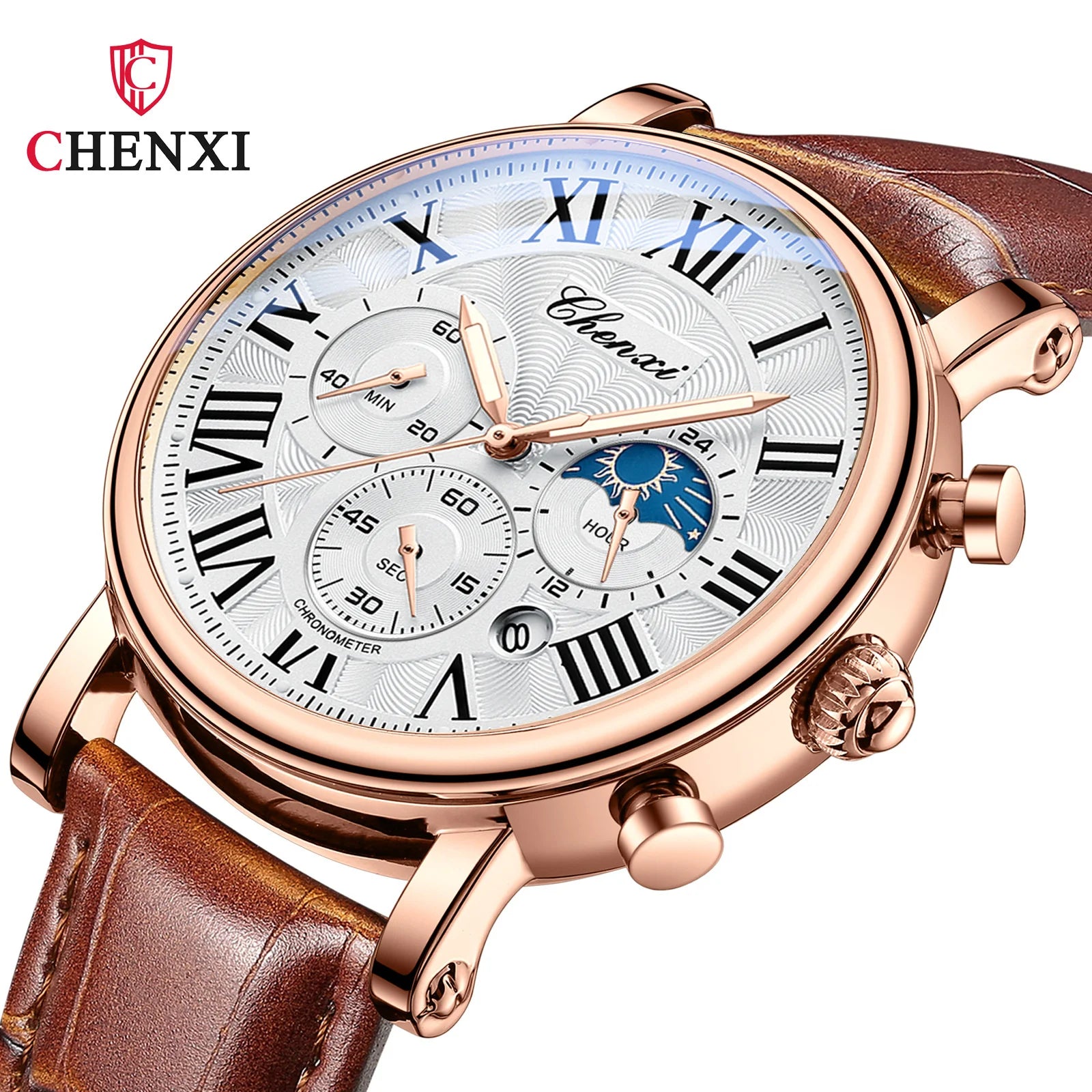 CHENXI 973 Multi-function Business Moon Phase Date Waterproof Rome Analog Imported Men Wristwatch Dial Quartz Leather Watches