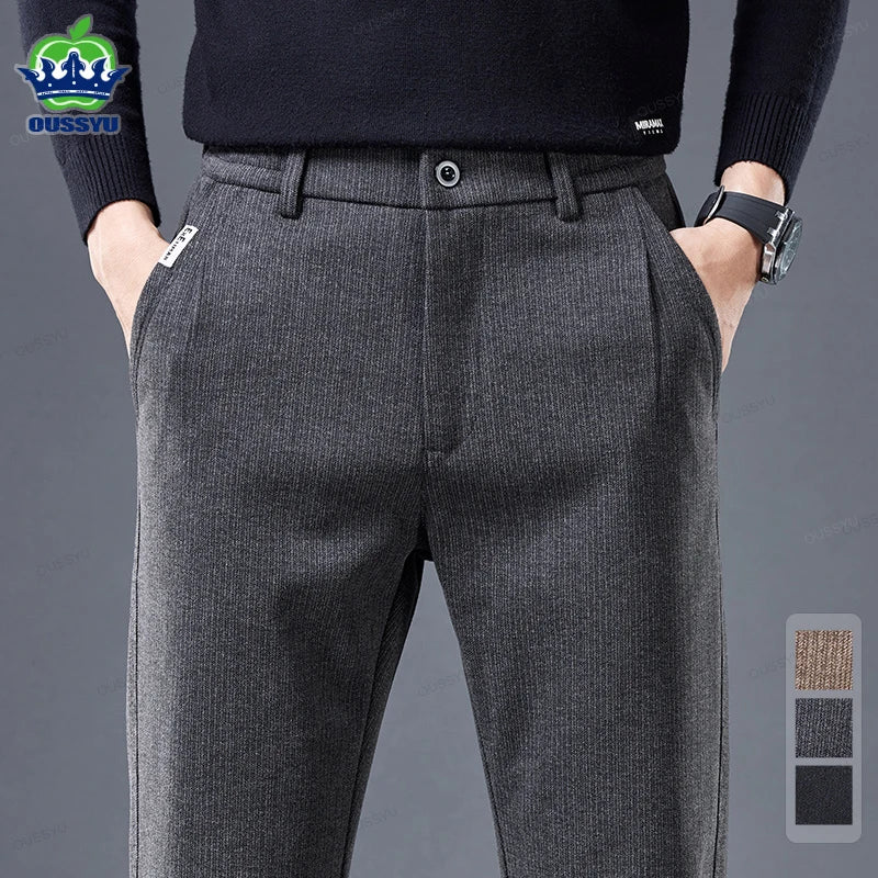 High Quality Autumn Winter Stripe Men's Suit Pants Elastic Waist Business Grey Stretch Thick Korea Office Formal Trousers Male - reetell