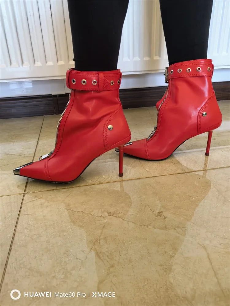 Belt Buckle Front Zipper Fashion Show Short Boots Women's Autumn Winter New Pointed Metal Decoration Red High Heels Ankle Boots