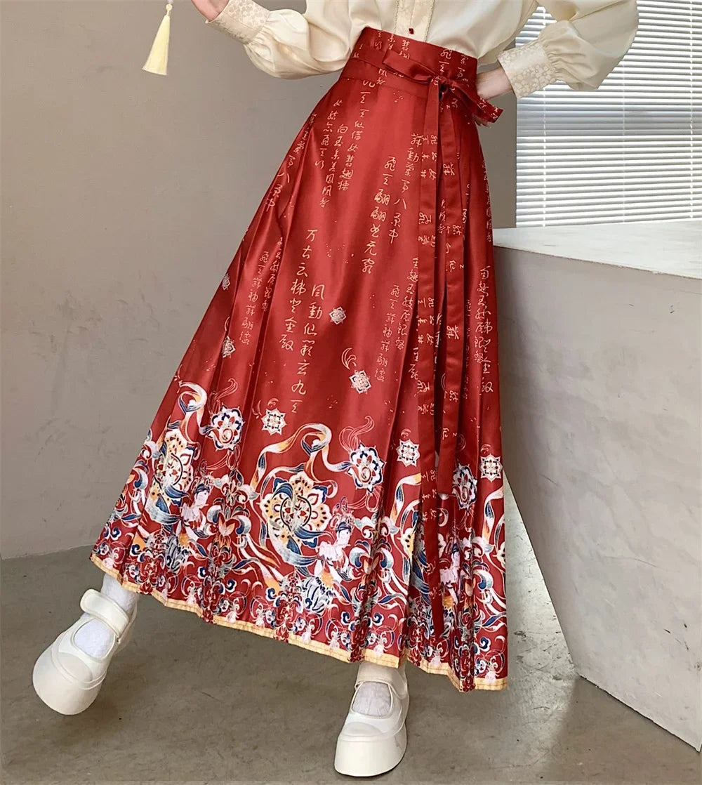 Maxi Chinese Style Horse Face Skirts Women Hanfu Vintage Harajuku Saia Casual Long Print Pleated Skirt Woman Clothing Faldas - reetell