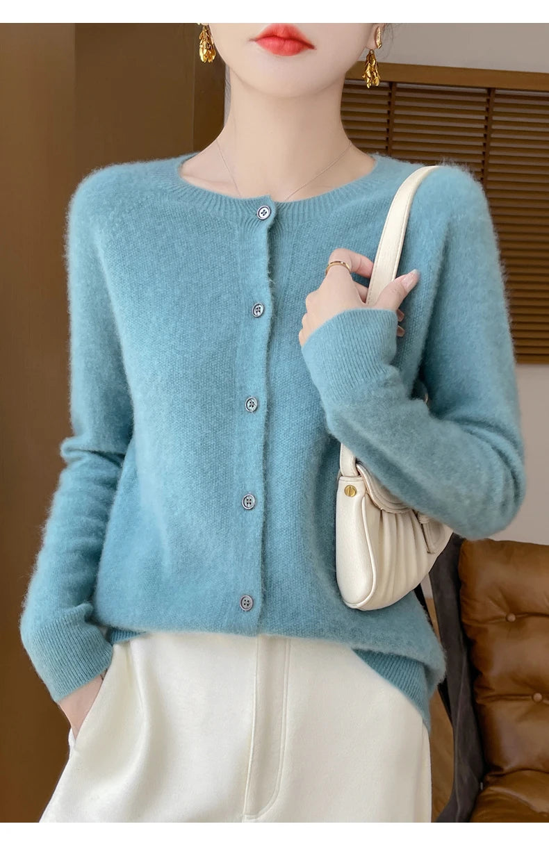 100% Merino Wool Long Sleeve Sweaters Cashmere Cardigan Spring Autumn Women O-Neck Knitwear Tops Clothing Fashion Basic Tops - reetell