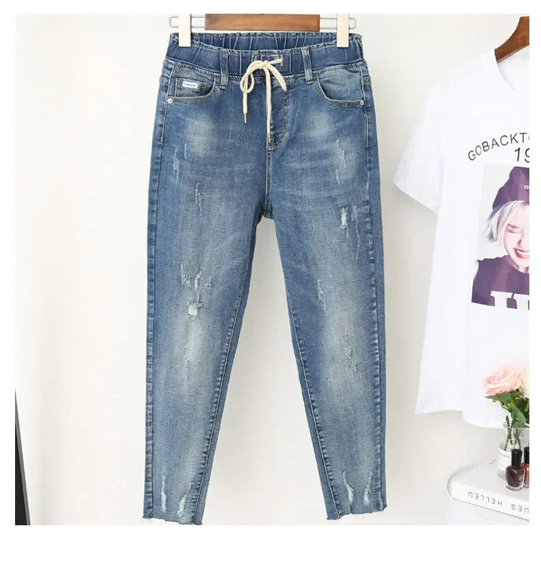 XL-6XL Plus Size jeans for Women Mom Jeans Woman Elastic High Waist Blue BaggyJeans Denim Ripped Jeans Female Harem Pants - reetell