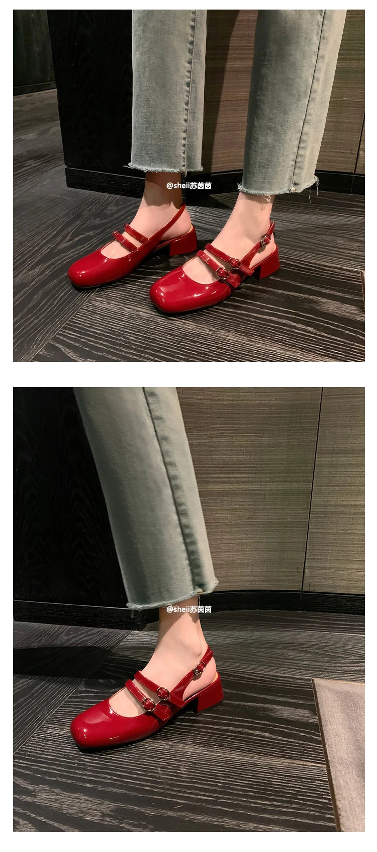 Classic Red Mary Jeans Woman Patent Leather Med-High Heels Sandals Two Buckle Belt Strap Shoes Femme Slingback Lolita Footwear