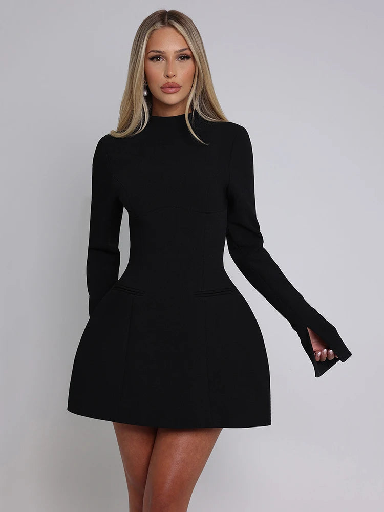 Mozision Long Sleeve Backless Sexy Mini Dress For Women Autumn Winter New O Neck High Waist A-line Club Party Sexy Dress Elegant - reetell