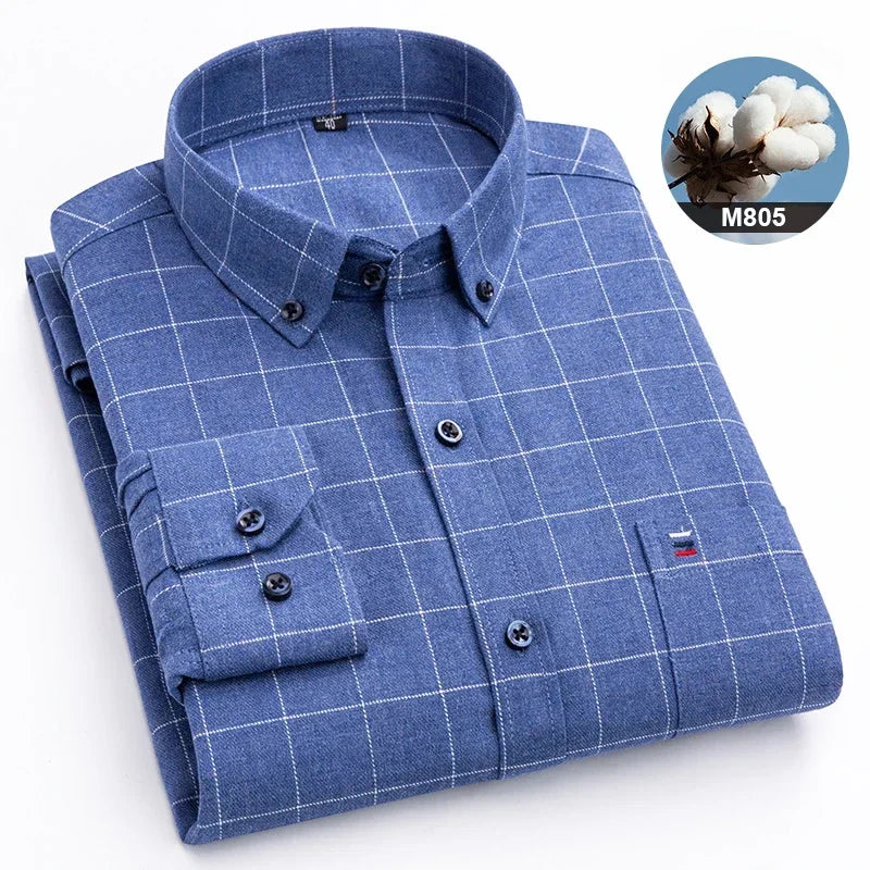 Hight qulity plus size 7XL100%cotton brushed long sleeve shirts for men korean plaid slim fit formal shirt soft designer clothes