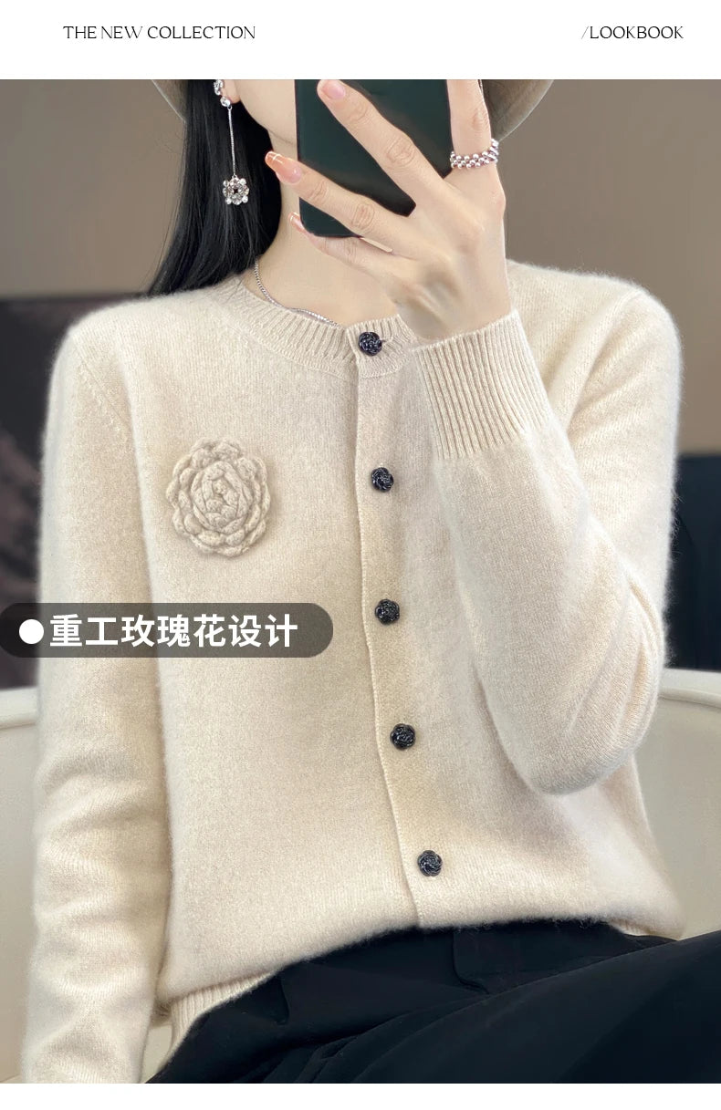 100% Merino Cashmere Sweater Women's Cashmere Cardigan sweater loose solid color autumn and winter comfort top - reetell