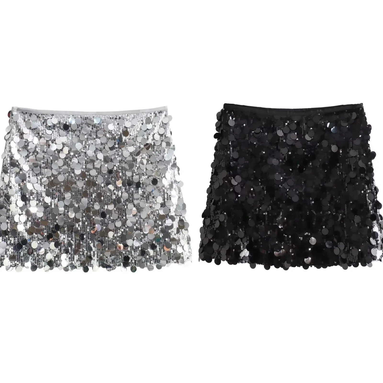 TRAFZA Skirts For Women Fashion Shiny Sequin Skirt Lady High Waist Sexy Mini Skirt Side Zipper Y2k Woman Elegant Solid Skirt - reetell