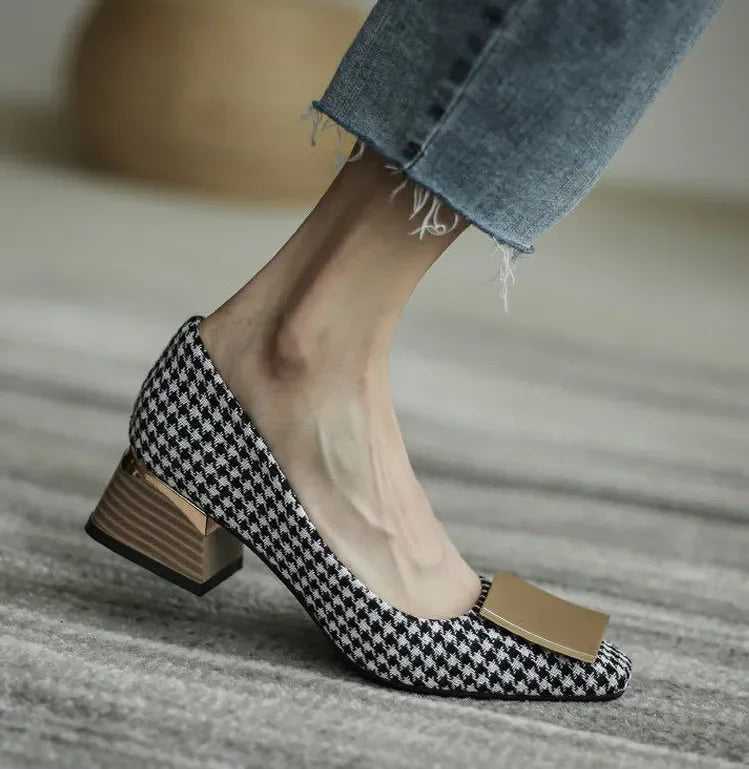 Comemore Trend 2023 Square Heels Women's Summer Footwear Office Black Medium Heel Casual Pumps Slip-on Luxury Shoes for Woman 34