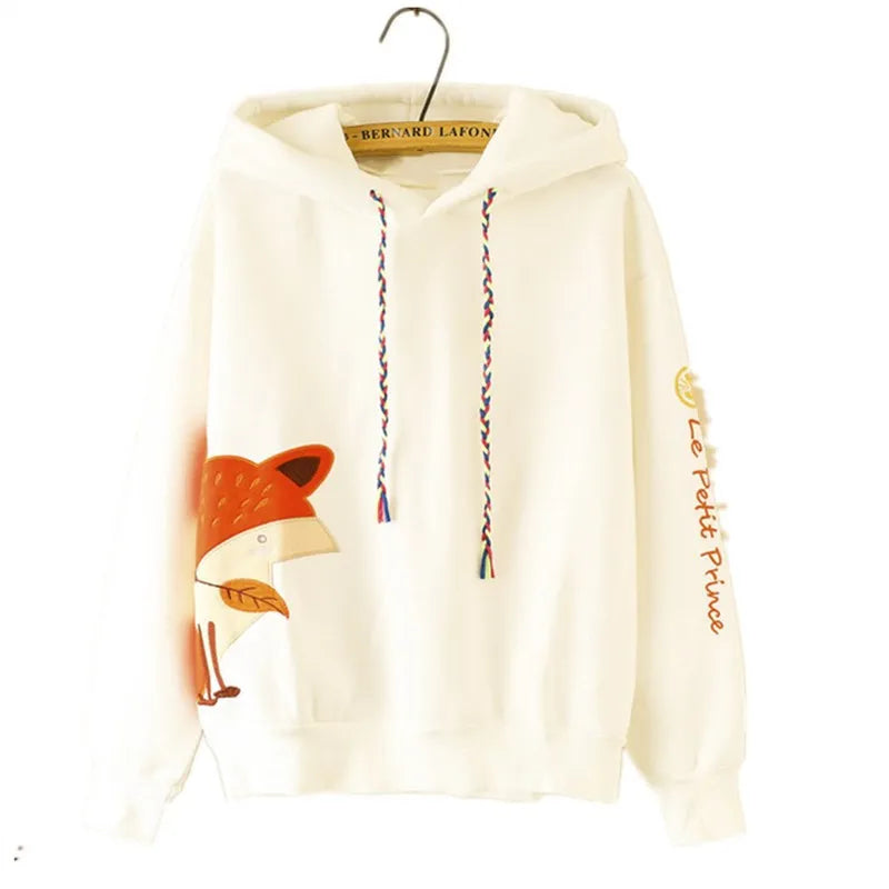 Hot Autumn Cute Fox Printing Hooded Sweatshirt Women Clothing Pullovers Plus Velvet Patchwork Female Sweet Thick Warm Hoodies - reetell