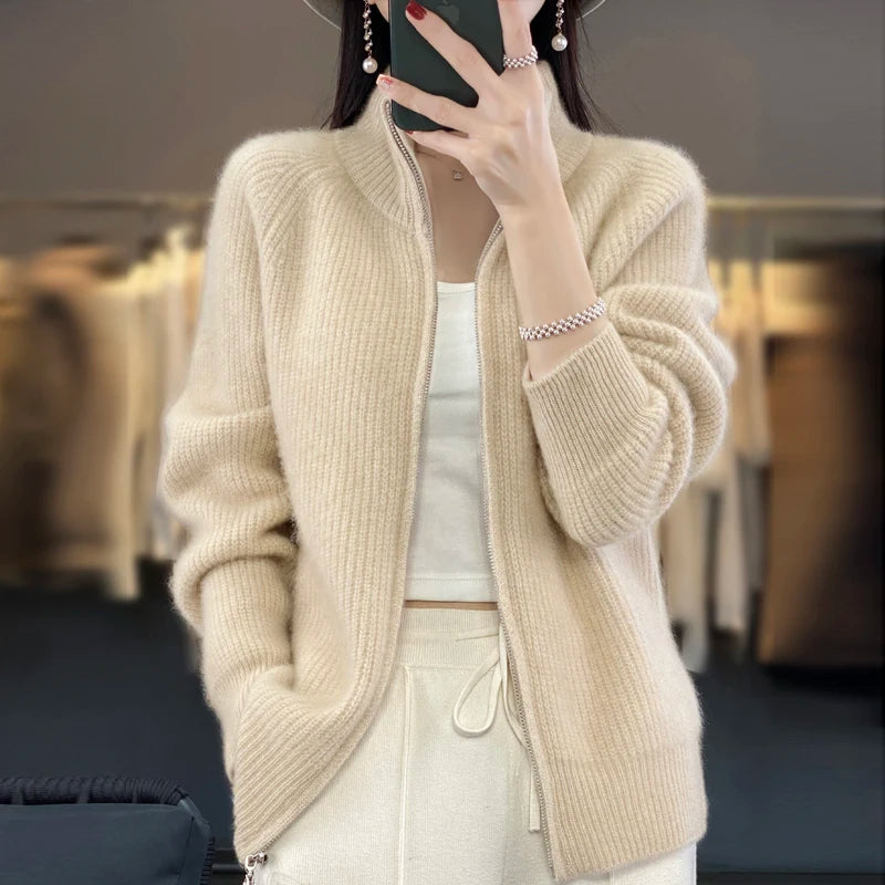 100% Pure Wool Zipper Cardigan Padded Shoulder Stand Collar Women's Cashmere Knitted Coat New Lapel Sweater - reetell