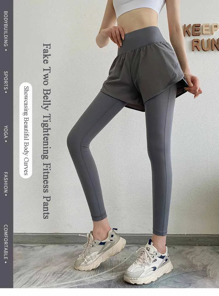 Women Gym Yoga Pants Fake 2 Pieces Sports Pants With Shorts Quick Dry Outdoor Fitness Training Workout Running Tights Leggings - reetell