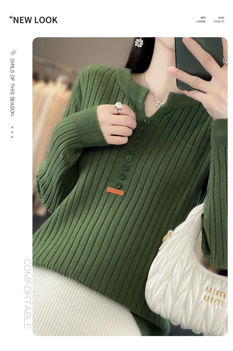 Women's Sweater Autumn/Winter New Solid Color Knitwear V-Neck Pullover Ladies Clothes Fashion Blouse Korean Style Loose Tops - reetell