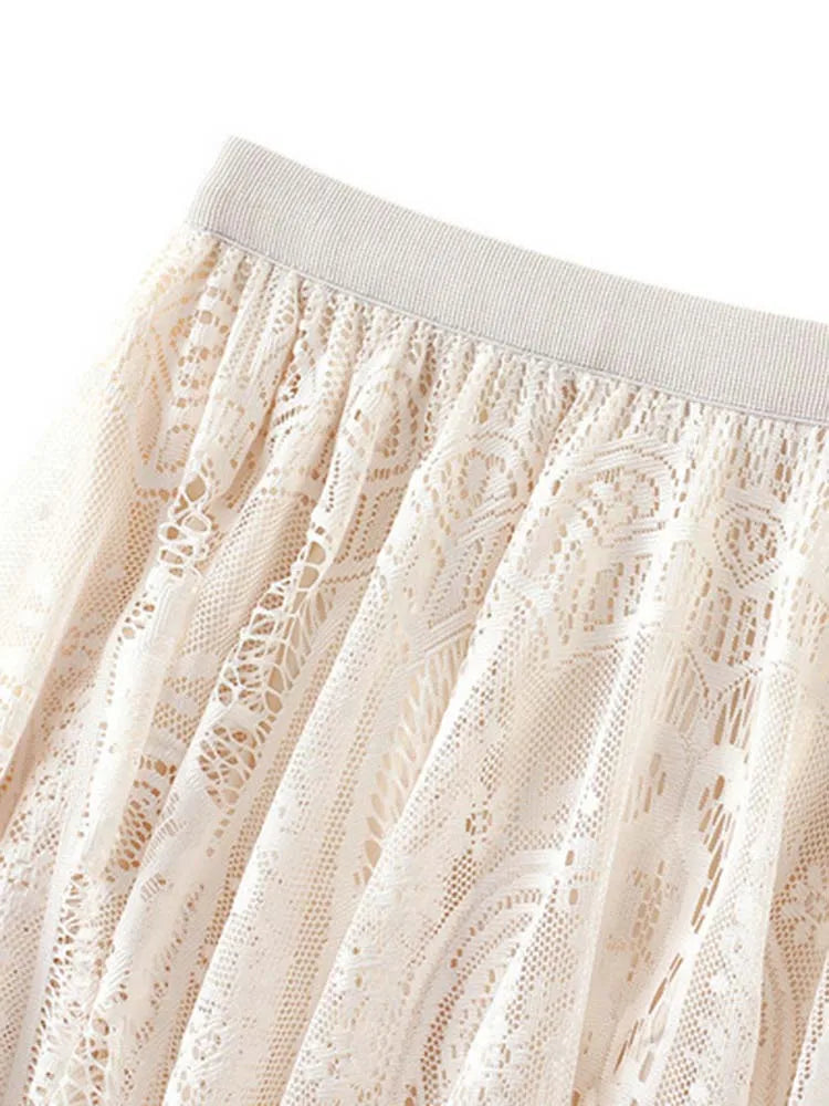 Spring Summer Women Lace Skirts Solid High Waist Elastic Vintage Elegant Office Ladies White Black Chic Long Skirts Jupe Longue - reetell