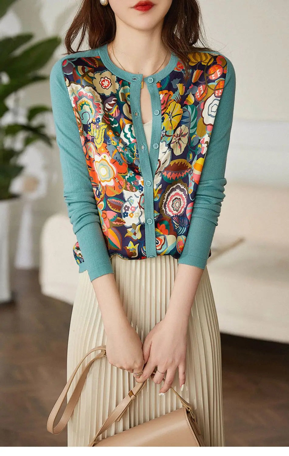 2023 Spring Autumn Round Neck Fashion Printing Sweater Women High Street Casual Long Sleeve Button All-match Elegant Cardigan - reetell