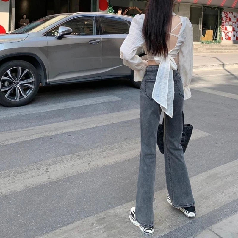 Vintage High Waist Flare Jeans High Street Women Boot Cut Denim Pant Slim Loose Korean Casual Button Up Zippers Gray Trousers - reetell