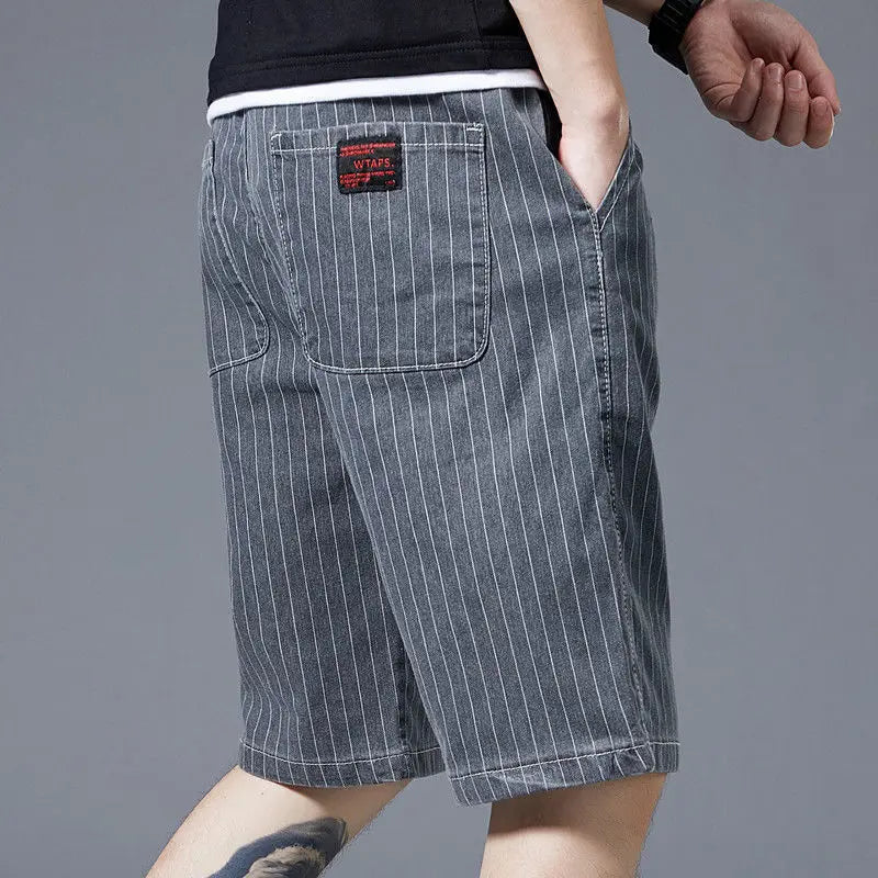 Summer Men Casual Striped Denim Shorts Koreon Streetwear Fashion Elastic Waist Baggy Male Thin Beach Sports Knee Length Jeans - reetell