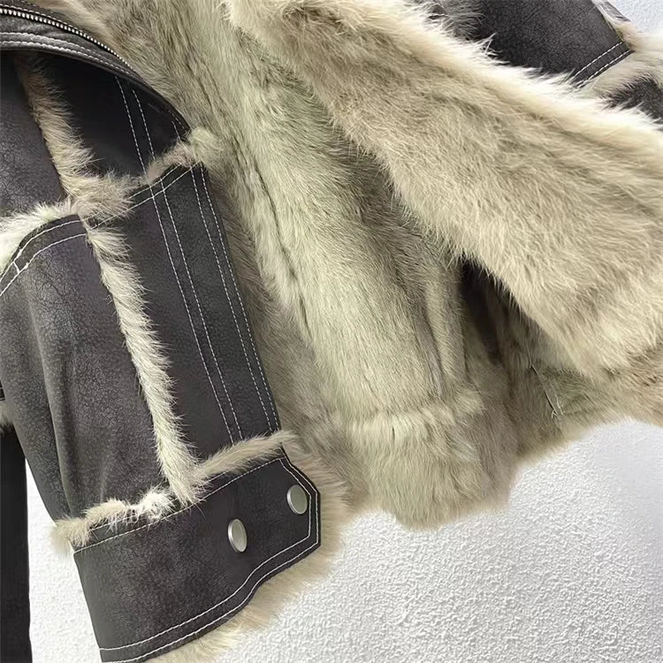 2024 Winter Short Style Fur Women Sheepskin Jacket Tanned Suede Luxury With 100%Natural Rabbit Lining Luxury Fashion Fur Coat - reetell