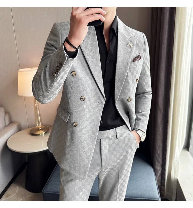 (Jacket+Pants) 2 Pieces Blue Apricot Business Party Men Suits Double Breasted Formal Style Custom Made Wedding Groom Tuxedos - reetell