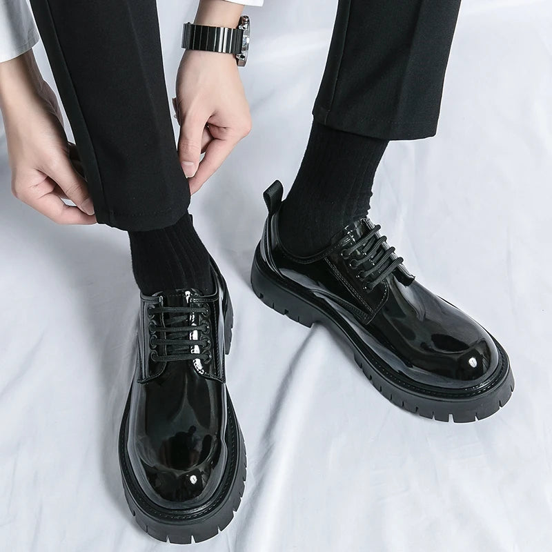 Men Casual Large Toe Original Black Platform Business Thick Bottom Dress Shoes Men Gentleman Outdoor Patent Leather Safety Shoes - reetell