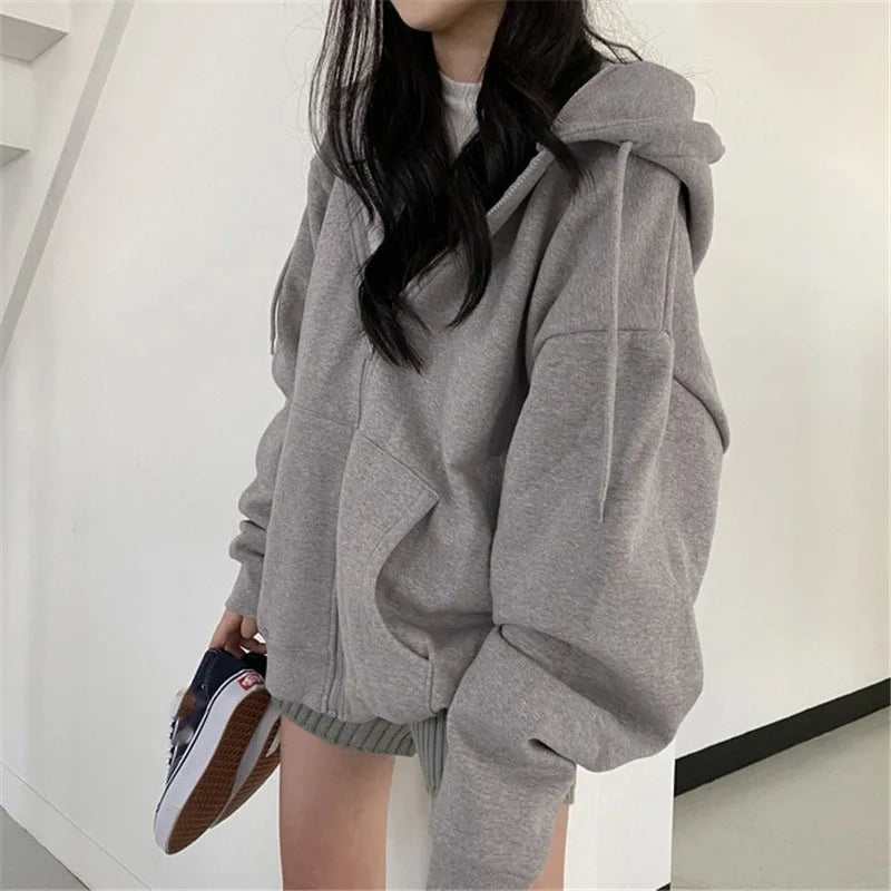 Lucyever Gray Zip Up Hoodie Coat Women Streetwear Harajuku Oversized Hood Jacket Female Autumn Retro Solid Color Sweatshirts - reetell