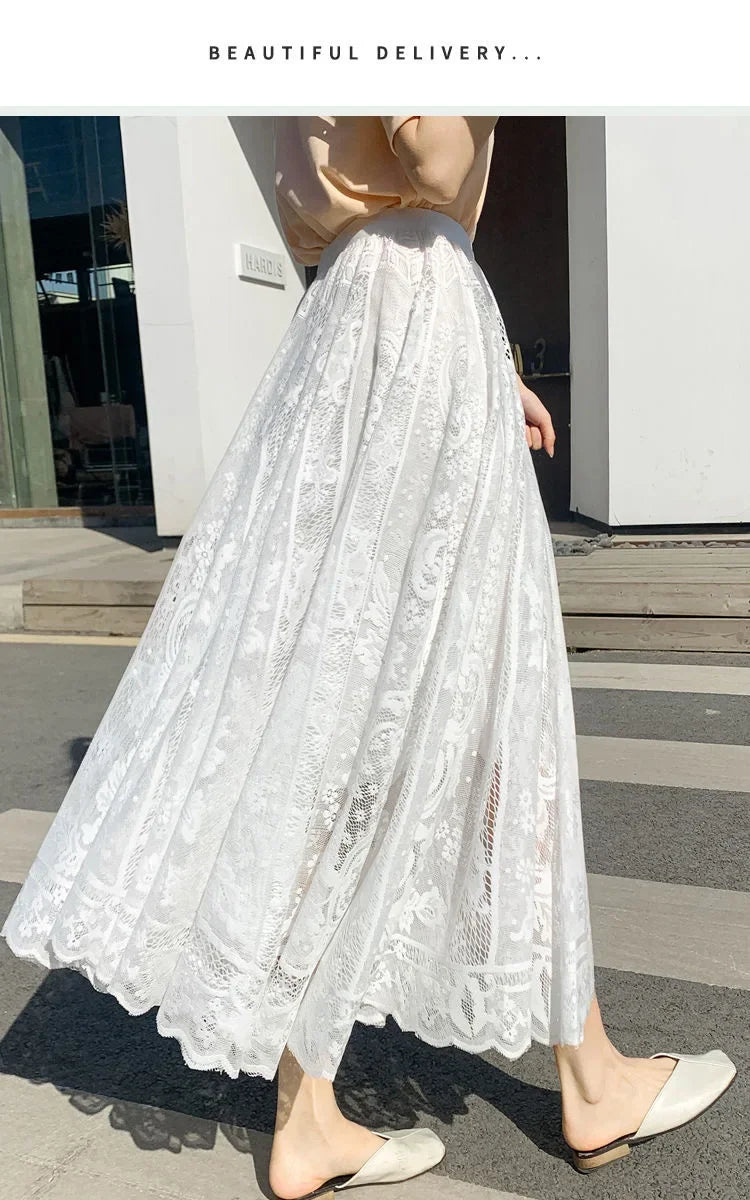 Lace High Waist Skirt Women Faldas Ropa Mujer Casual Loose Summer White Long Skirts Ladies Fashion Jupe Solid Woman Clothes Saia - reetell