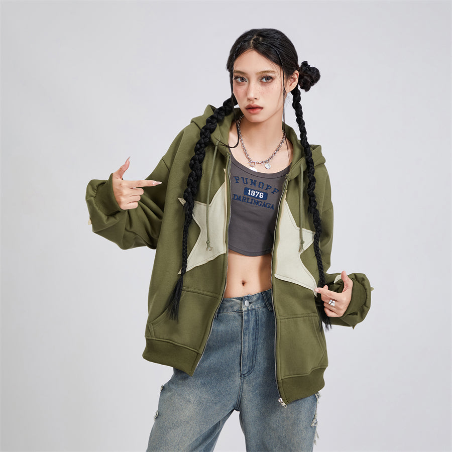 wsevypo Grunge Retro Star Print Hoodies Autumn Women's Long Sleeve Zip-up Hooded Sweatshirts with Front Pocket Street Outwear - reetell