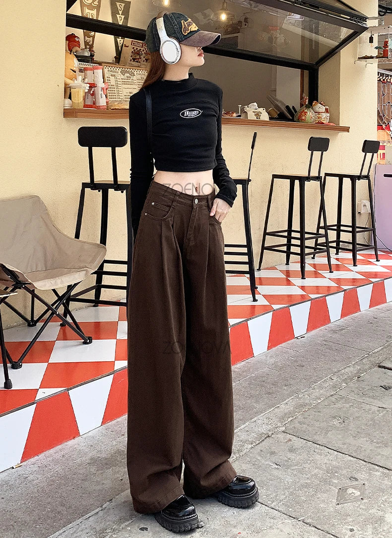 ZOENOVA Spring Autumn Korean New Fashion Dark Brown Women's Jeans Street Casual Wide Leg Pants Loose Straight Versatile Trousers - reetell