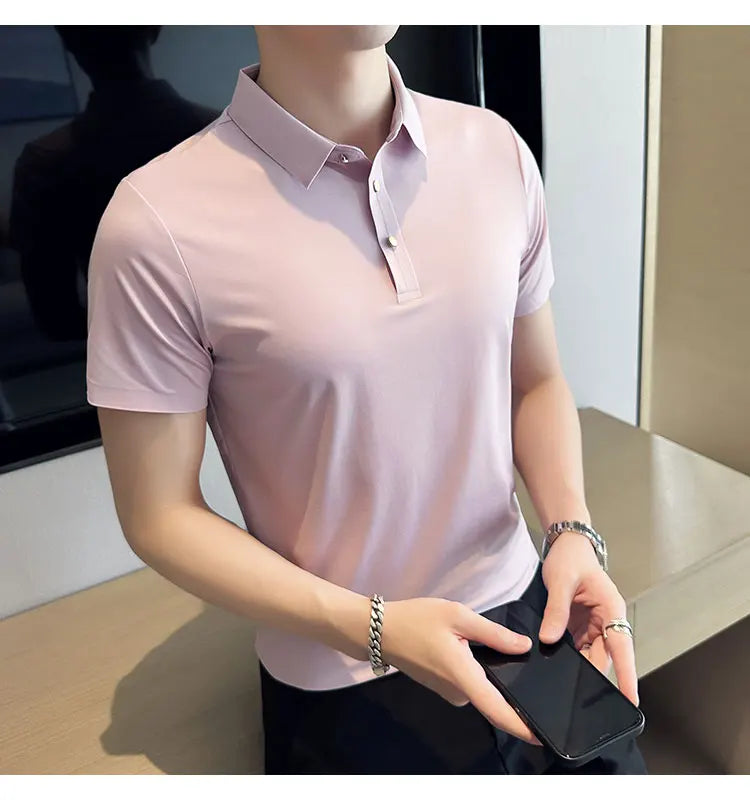 Ice Silk Traceless T-shirt Men's  Business Casual Solid Color Half Sleeve High Elasticity Top Silk Smooth Breathable POLO Shirt