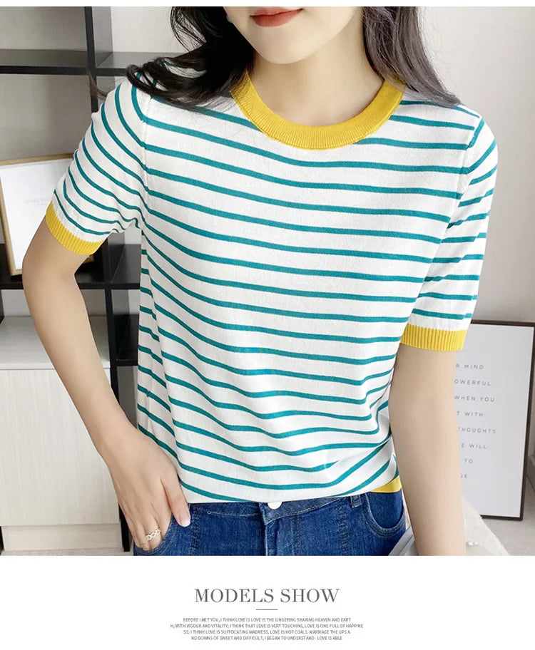 Short Sleeve T-shirts Women Striped Basic Chic Simple All-match Harajuku Retro Cotton O-neck Trendy Loose Leisure Cozy Womens - reetell