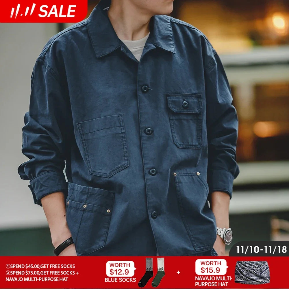 Maden Navy Vintage Jacket Men Turn-down Collar Hunting Tops Multi-Pocket Coat Men's Spring and Autumn Workwear Jacket - reetell