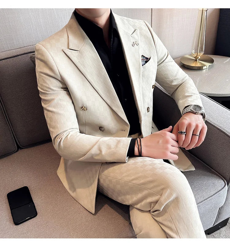 (Jacket+Pants) 2 Pieces Blue Apricot Business Party Men Suits Double Breasted Formal Style Custom Made Wedding Groom Tuxedos - reetell