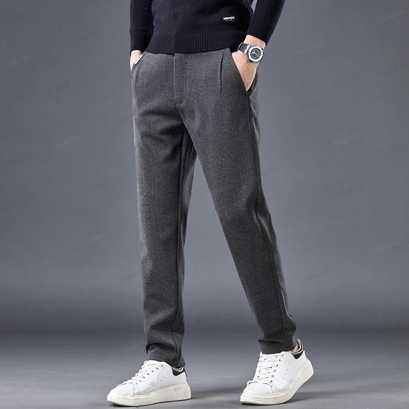 High Quality Autumn Winter Stripe Men's Suit Pants Elastic Waist Business Grey Stretch Thick Korea Office Formal Trousers Male - reetell