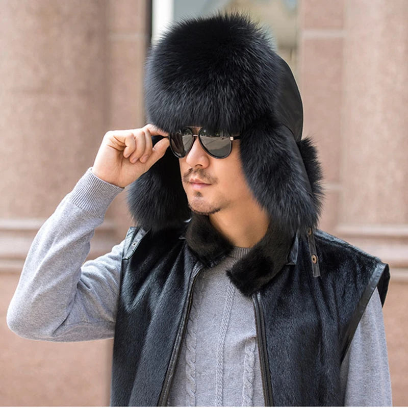 Winter Men's 100% Real Silver Fox Fur Bomber Hat Raccoon Fur Ushanka Cap Trapper Russian Man Ski Hats Caps Real Leather