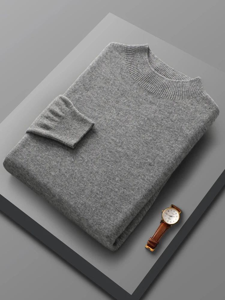 Spring Autumn 100% Merino Wool Pullover Sweater Cashmere Knitwear Men Mock-Neck Long-sleeve Basic Clothing Grace Tops - reetell