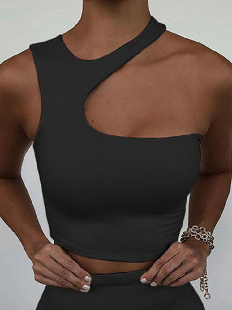 Cut Out Sexy Crop Off Shoulder Solid Skinny Sport Short Tops Women Tank Irregular Summer Tube Tops - reetell