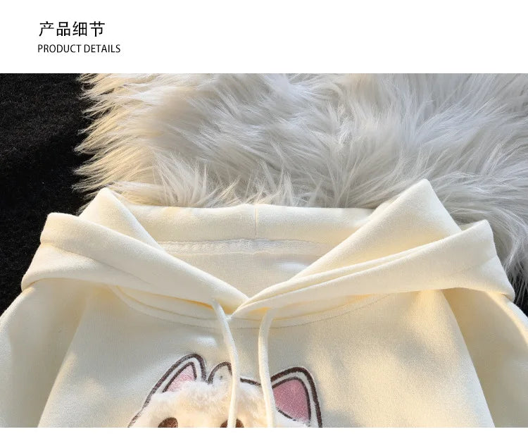 2023 Spring Autumn Female Couples Clothes Cartoon Embroidery Lovely 3D Cat Print Pullover Hoodies Women Sweatshirt Hooded Coat - reetell