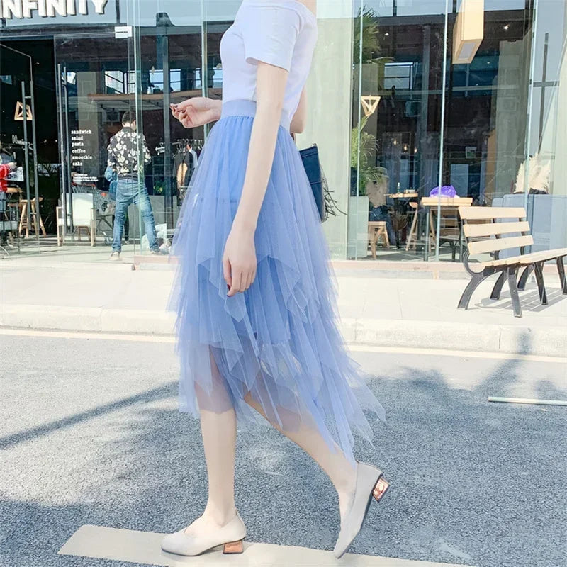 Fashion Summer Tutu Women Skirt Harajuku Tulle Bottom Faldas Casual High Waist Midi Mesh Skirts Woman Clothes Saia Jupe Femme - reetell