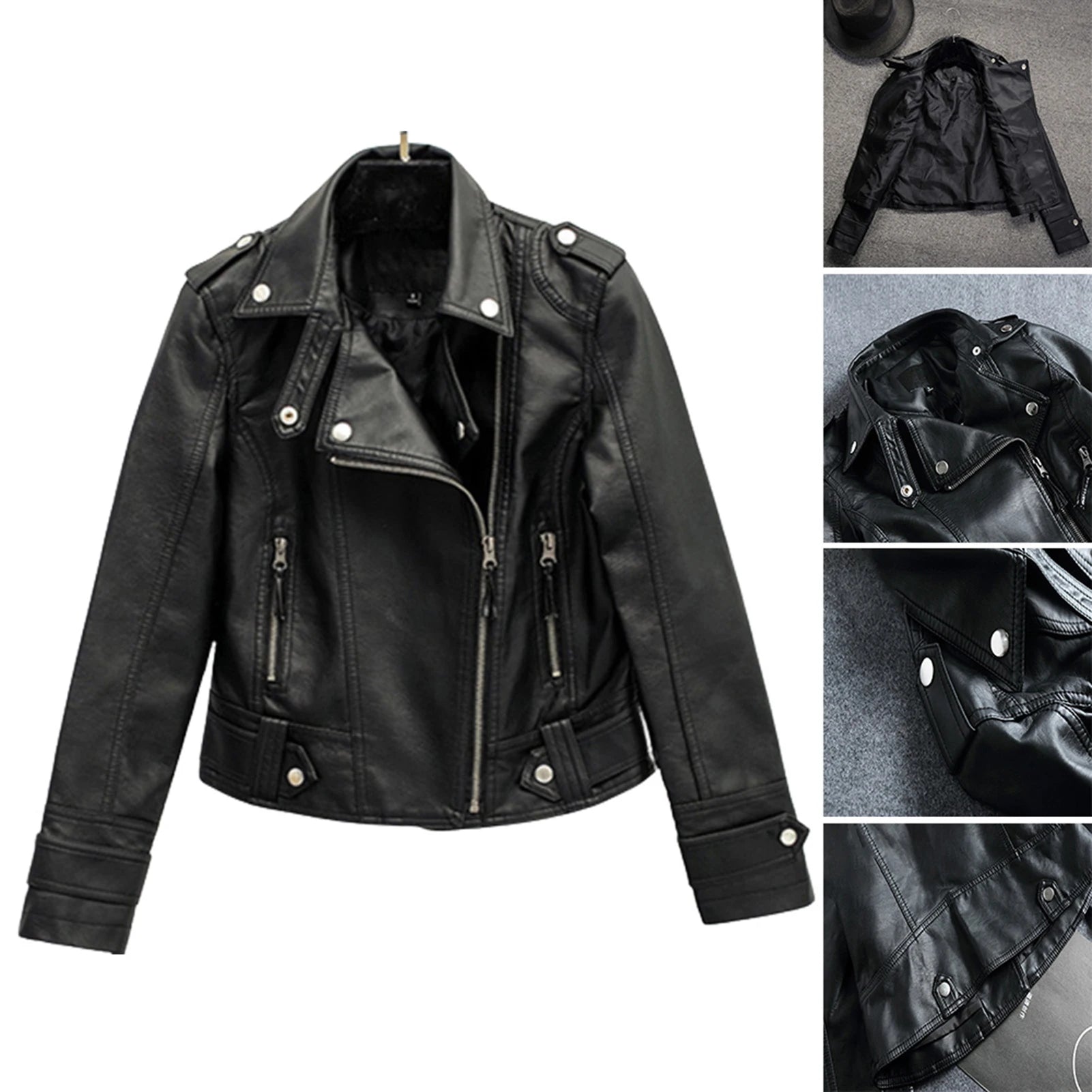 Female's Biker Lapel Jacket Waterproof Leather Jacket Cool For Daily Going Out Or At Home