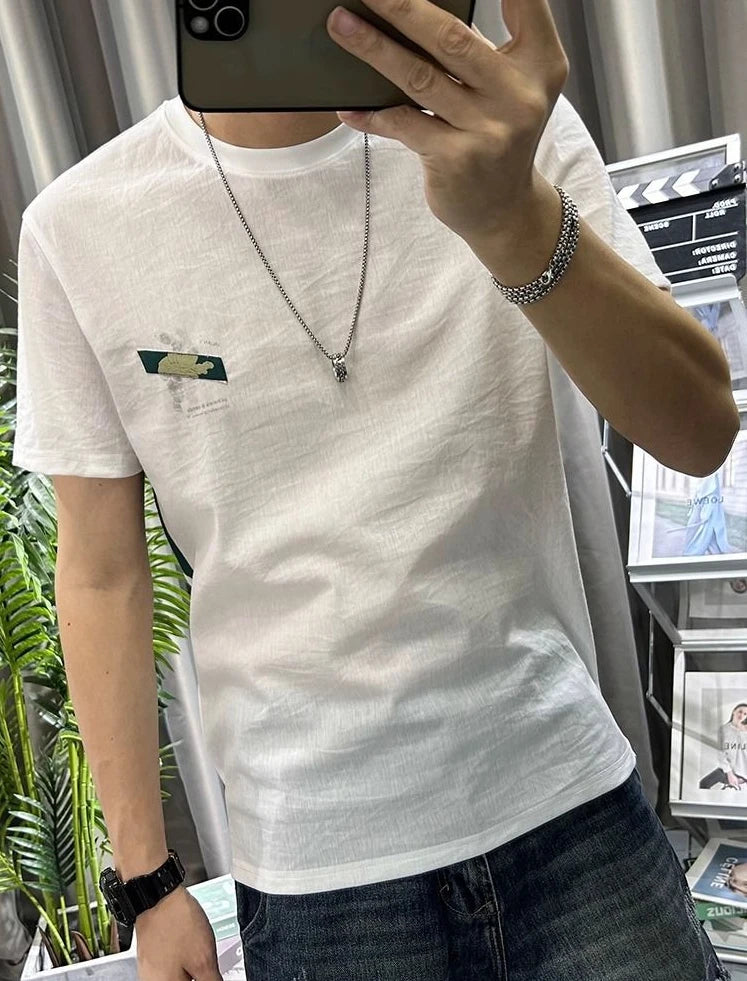 Male Tees Shirts White Linen Tops Katoen Print Men's T-shirt Graphic Streetwear Korean Popular Clothes Basic Wholesale Harajuku - reetell