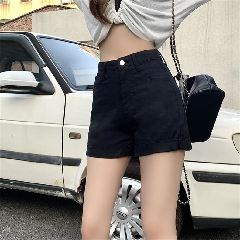 150cm Petite Girls Versatile Rolled Edge Denim  Women With High Waistretro Slim Fit XS Size Showing Slim Hot Pants Summer Wear - reetell