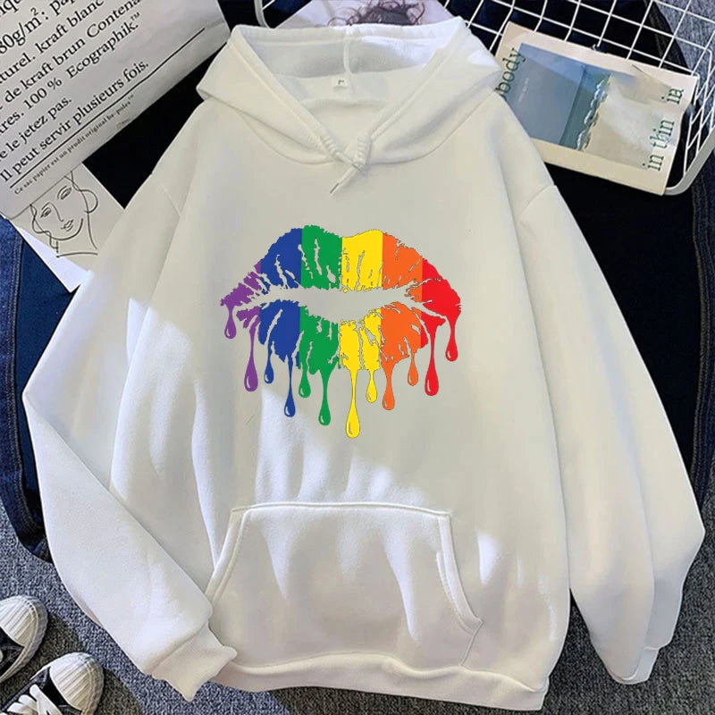 Women'S Winter Autumn Fashion Hooded Casual Long Sleeve Lgbt Pride Rainbow Lips Hoodies Sweatshirts Loose Pullover - reetell