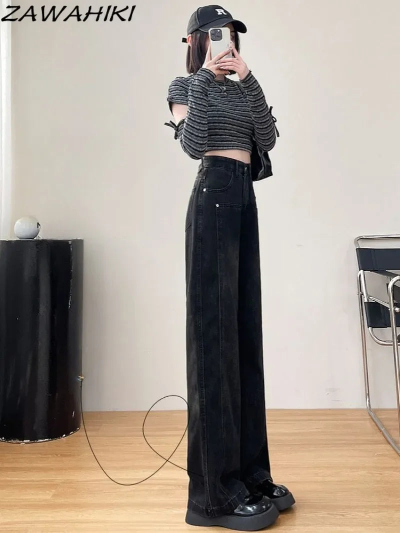 Spring Autumn Black Straight Solid Color Casual Loose Baggy Jeans Women High Waist Wide Leg Y2K Aesthetic Denim Pants Streetwear - reetell