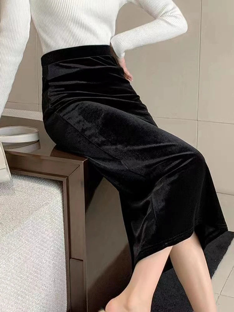 Elegant Velvet Black Long Skirts Women Autumn Winter High Waist Faldas Korean Fahion Clothing Office Ladies Bodycon Midi Skirt - reetell