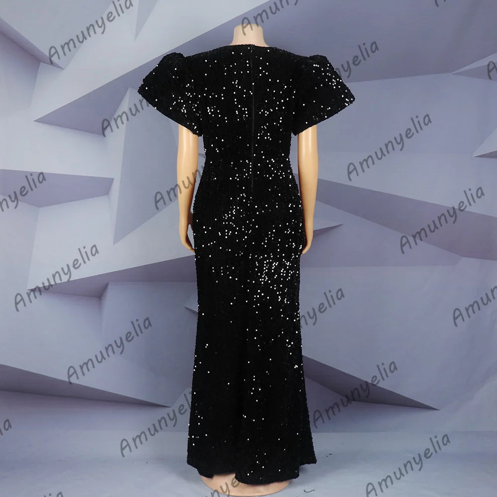 2023 African-American Evening dress Black sequin round neck puffed sleeve high slit floor-length fishtail dress - reetell