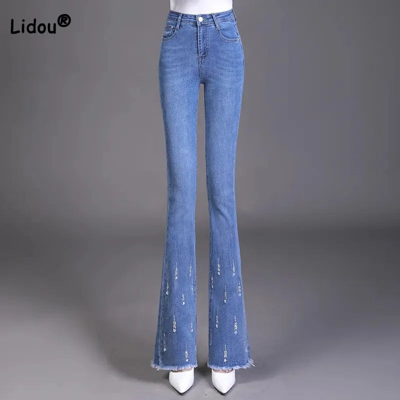 Spring Autumn New Trend Trimmings High Waist Denim Pants Womens Korean Embroidery Button Pockets Wash Slim Micro Flare Jeans - reetell