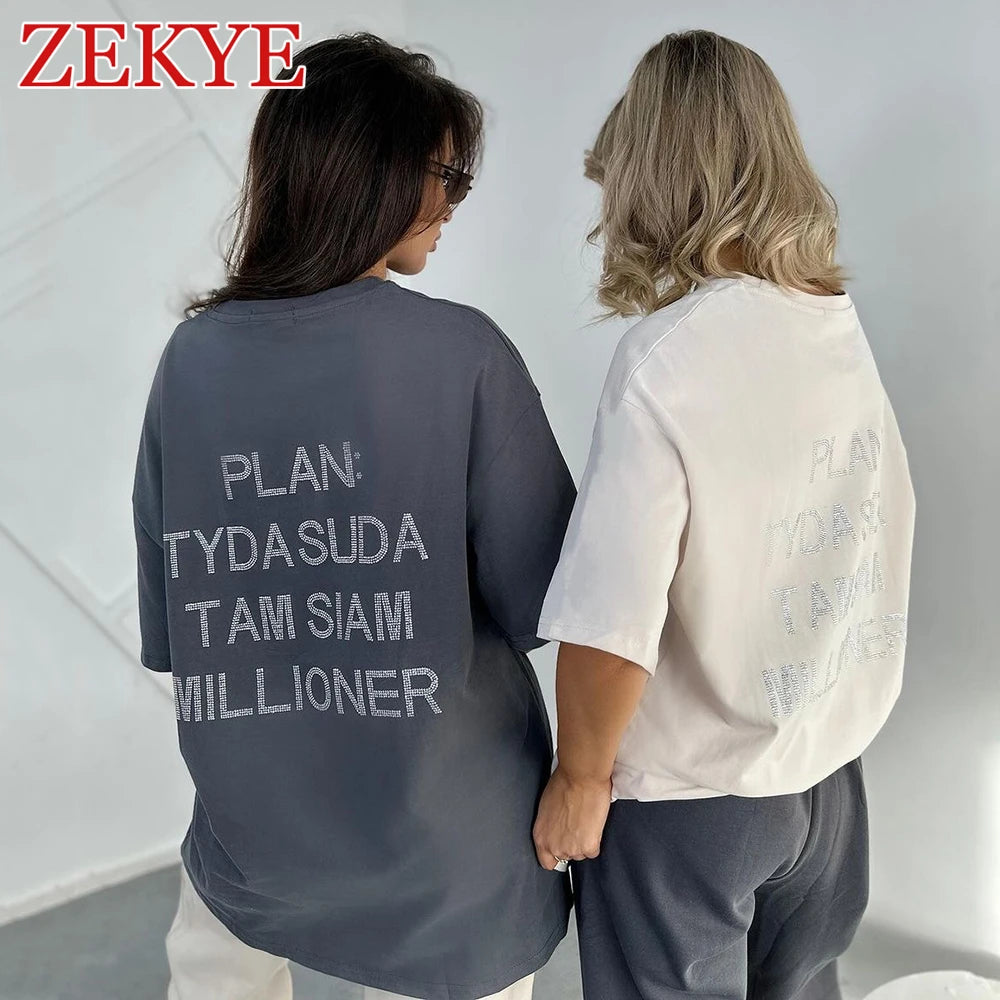 Zekye Rhinestone Letter Casual Tee Shirt Oversize Bodyfriend Style Korean O Neck Summer T Shirt Women Streetwear Harajuku Tops - reetell