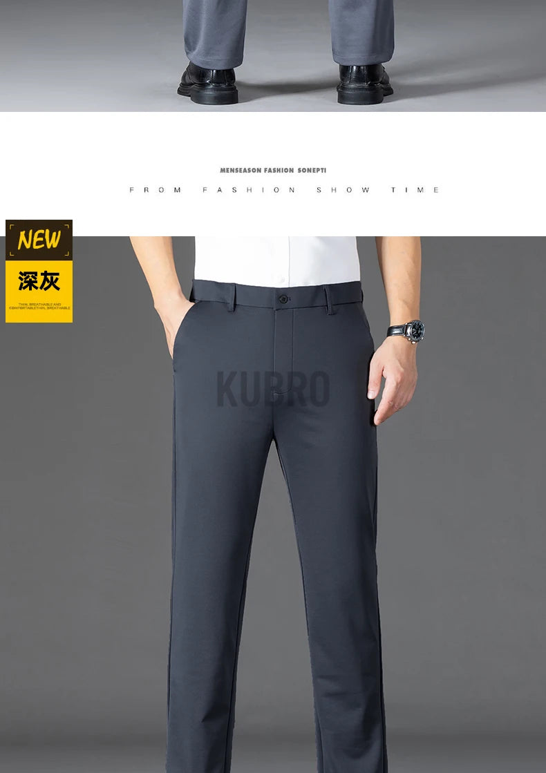 KUBRO Men's Summer Thin Fashion Business Casual Suit Pants Long Pants Men's Elastic Straight Sleeve Formal Pants Plus Size 2024 - reetell