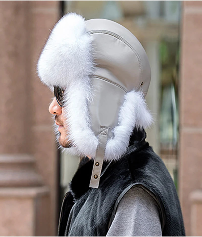 Winter Men's 100% Real Silver Fox Fur Bomber Hat Raccoon Fur Ushanka Cap Trapper Russian Man Ski Hats Caps Real Leather