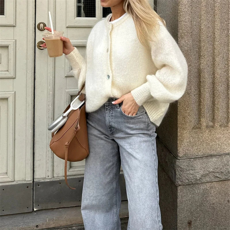 Lamuusaa y2k Sweaters 2000s Women Solid Color Round Neck Single Breasted Long Sleeve Cardigan Tops Warm Knitwear Streetwear - reetell